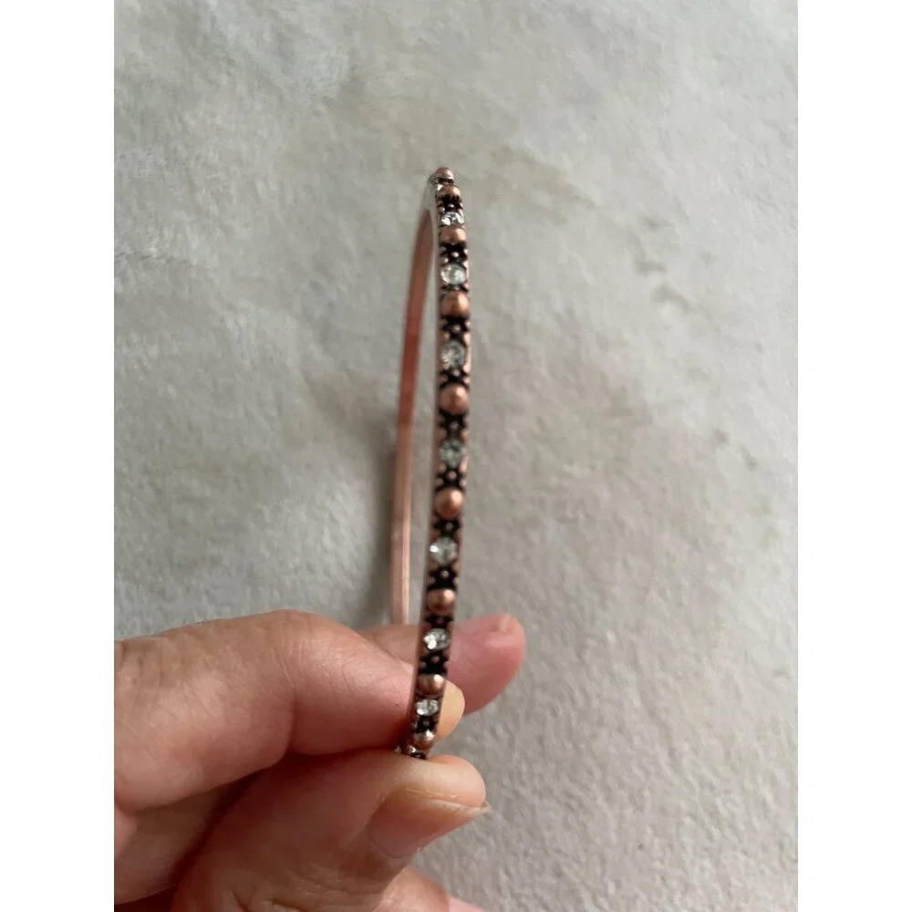 Vintage Rose Gold Tone Thin Bangle Bracelet Rhinestone & Beaded Detailing
